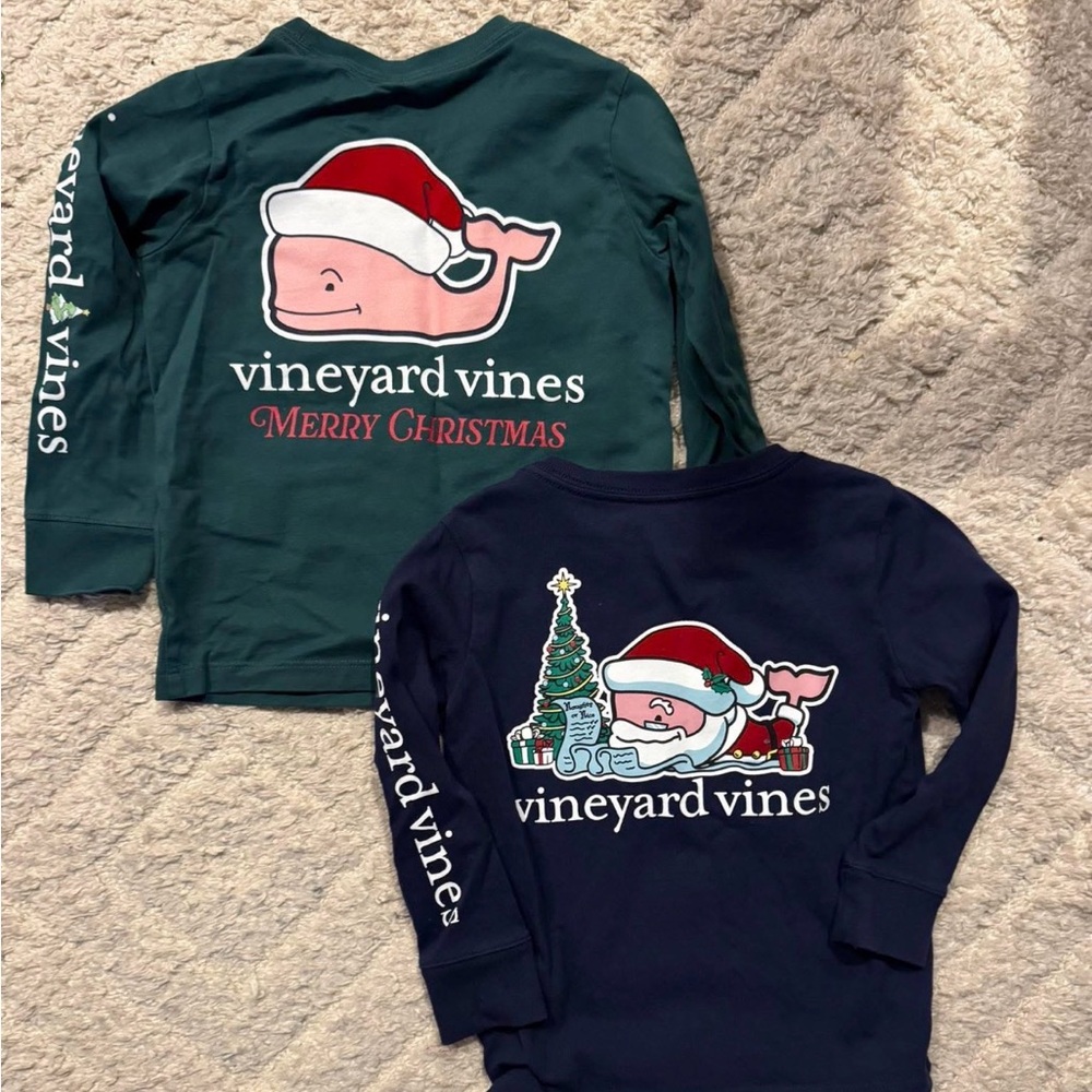 Vineyard Vines Kids Holiday Long Sleeve Tees - Green and Navy 3T